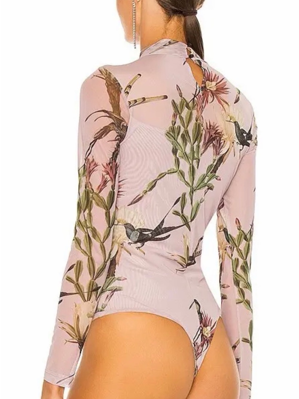 AllSaints Pink Sheer Floral & Bird Mock Neck Long Sleeve Bodysuit - Picture 7 of 14
